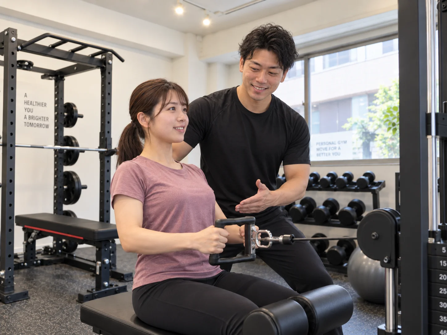トレーニングの合間に、トレーナーと笑顔で話す様子