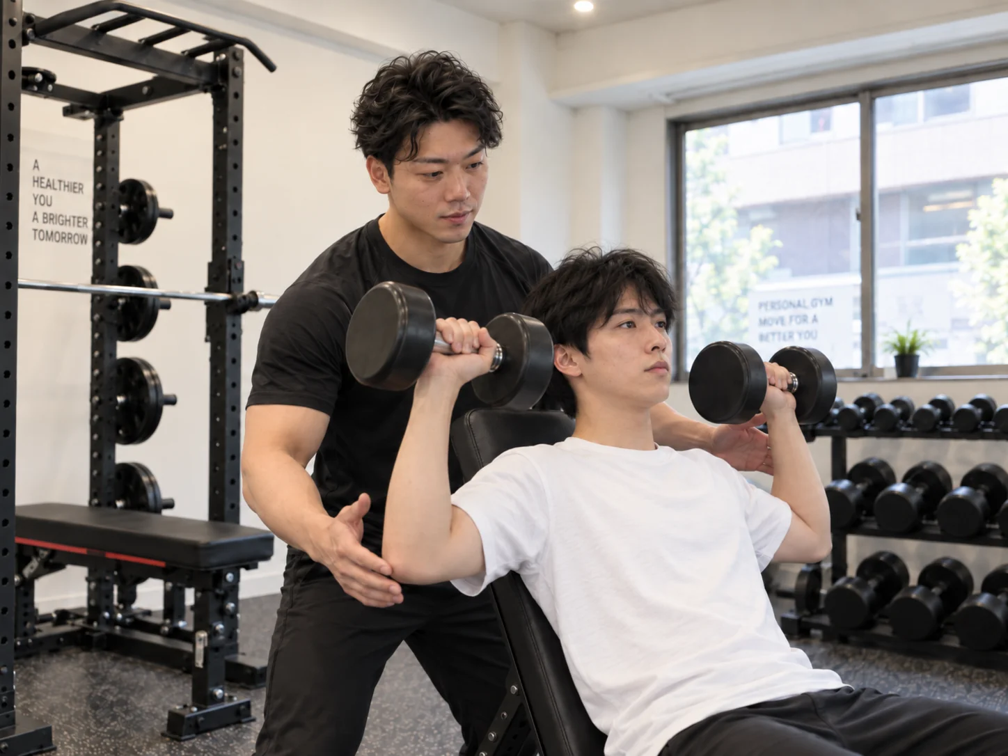 ダンベルを使うトレーニングを、トレーナーがそばでサポートする様子